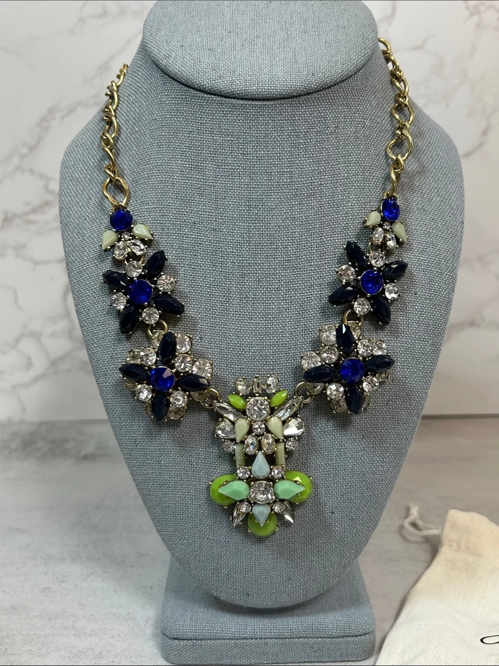 J. Crew Lime Green, Royal Blue and Clear Crystal Bib Necklace
